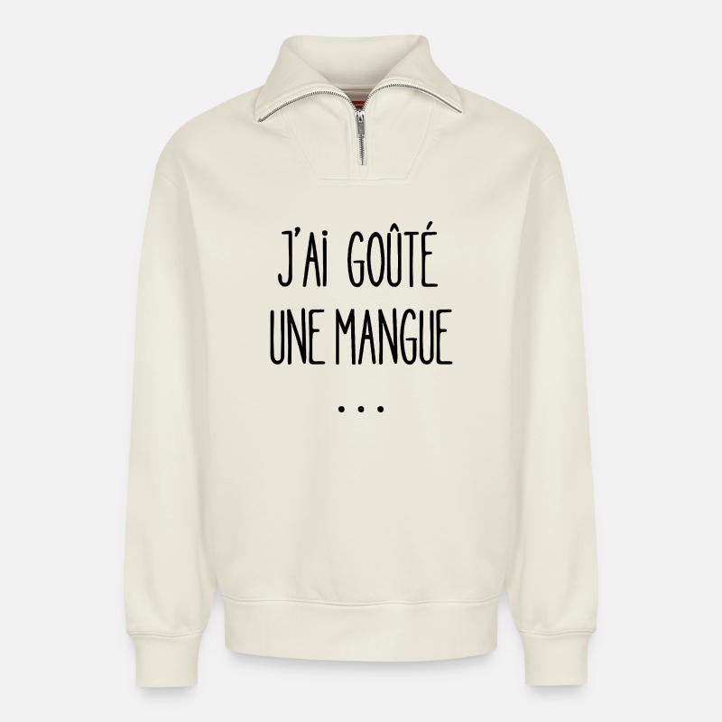 Ich habe eine Mango probiert - Relaxed Unisex Organic Half Zip Sweatshirt – von SPREAD - Naturweiß