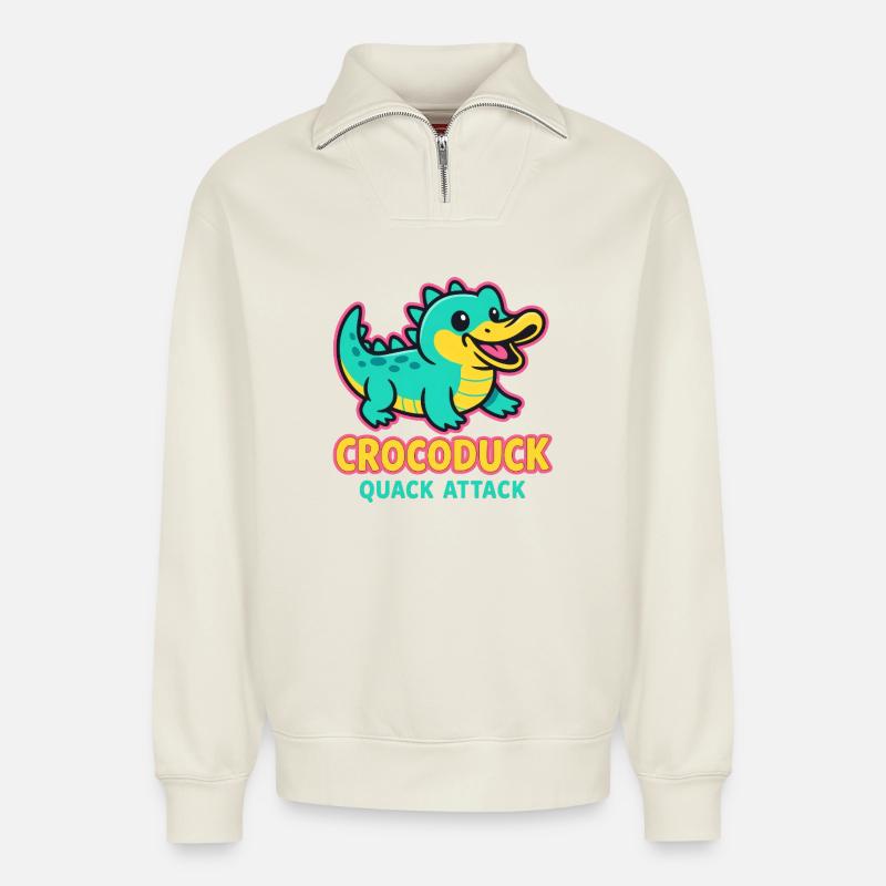 Crocoduck - Quack Attack - Relaxed Unisex Organic Half Zip Sweatshirt – by SPREAD - off white