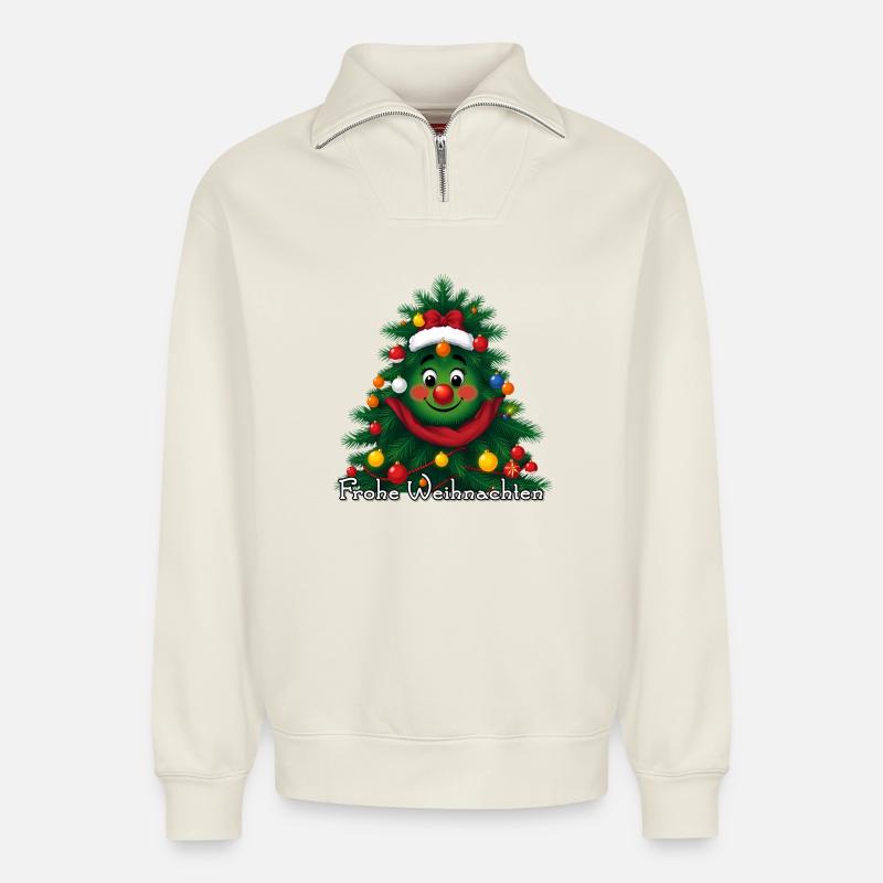 Merry Christmas tree with face - Relaxed Unisex Organic Half Zip Sweatshirt – by SPREAD - off white