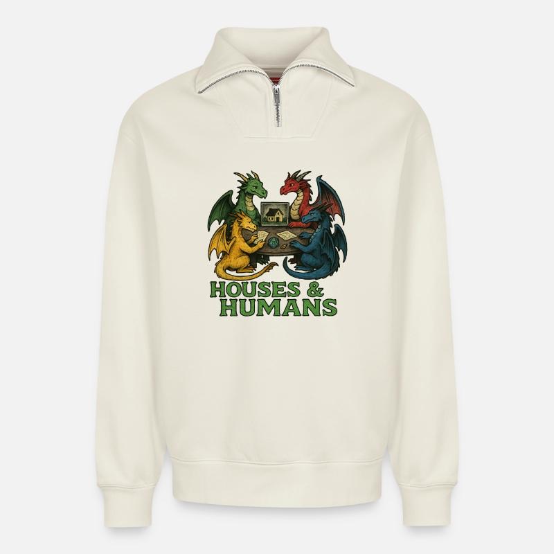 Drachen am Haustisch - Relaxed Unisex Organic Half Zip Sweatshirt – von SPREAD - Naturweiß