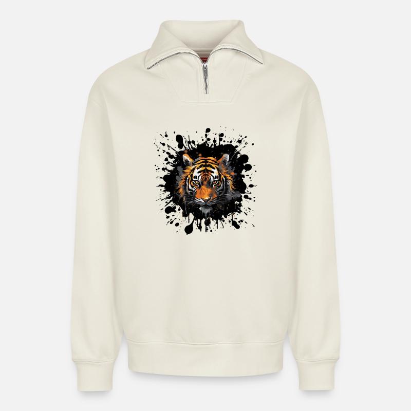 Tiger Tier Farbklecks - Relaxed Unisex Organic Half Zip Sweatshirt – von SPREAD - Naturweiß