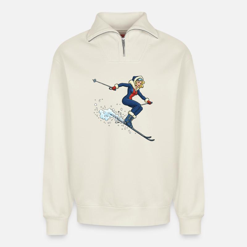 Frau auf Ski im Schnee - Relaxed Unisex Organic Half Zip Sweatshirt – von SPREAD - Naturweiß