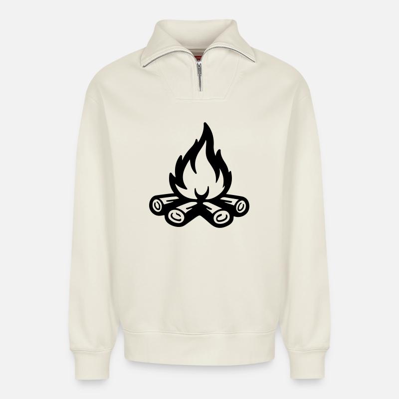 Campfire Symbol Flame - Relaxed Unisex Organic Half Zip Sweatshirt – by SPREAD - off white