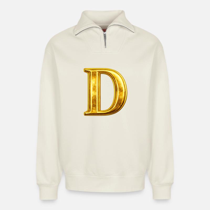 Monogramme en D Or - Sweat unisexe décontracté en coton biologique à demi-zip – de SPREAD - blanc cassé