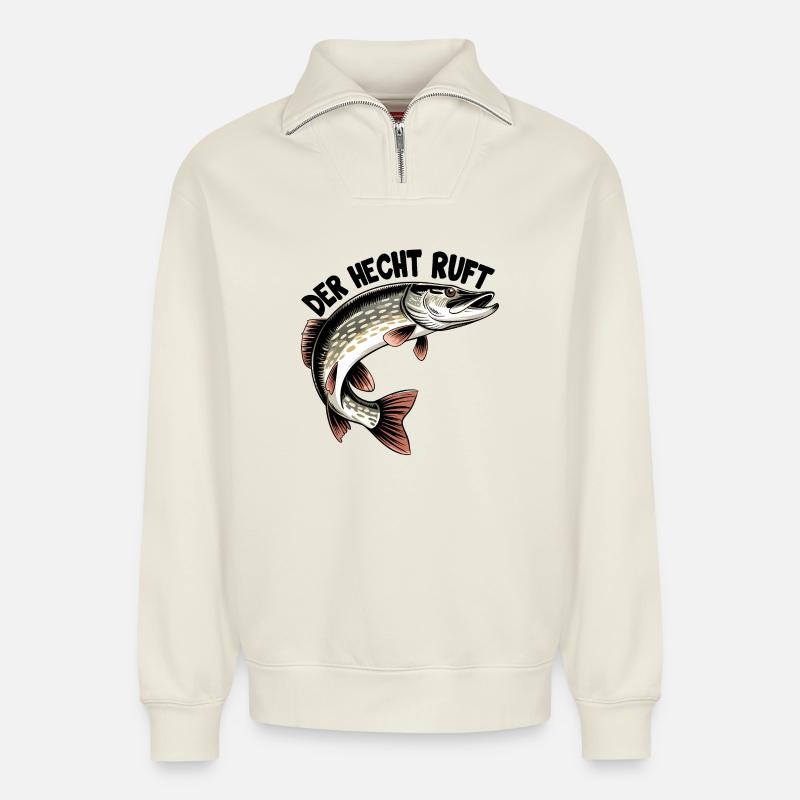 Der Hecht ruft! - Relaxed Unisex Organic Half Zip Sweatshirt – von SPREAD - Naturweiß