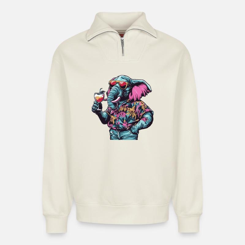 Elephant Comic Summer - Relaxed Unisex Organic Half Zip Sweatshirt – by SPREAD - off white