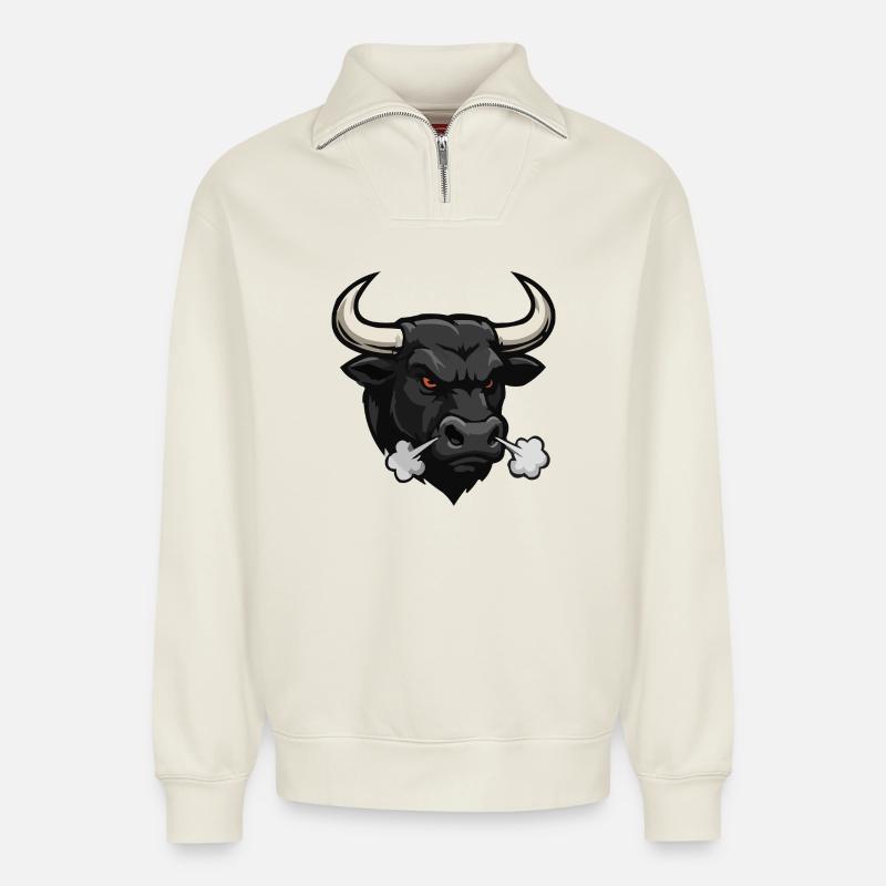 Dunkler Stier Rauchstoß - Relaxed Unisex Organic Half Zip Sweatshirt – von SPREAD - Naturweiß