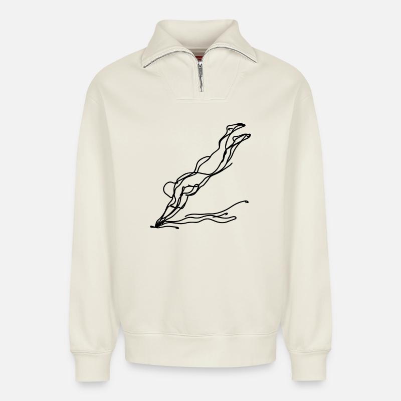 Swimmer Drawing - Relaxed Unisex Organic Half Zip Sweatshirt – by SPREAD - off white