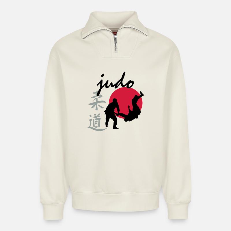 judo - Sweat unisexe décontracté en coton biologique à demi-zip – de SPREAD - blanc cassé
