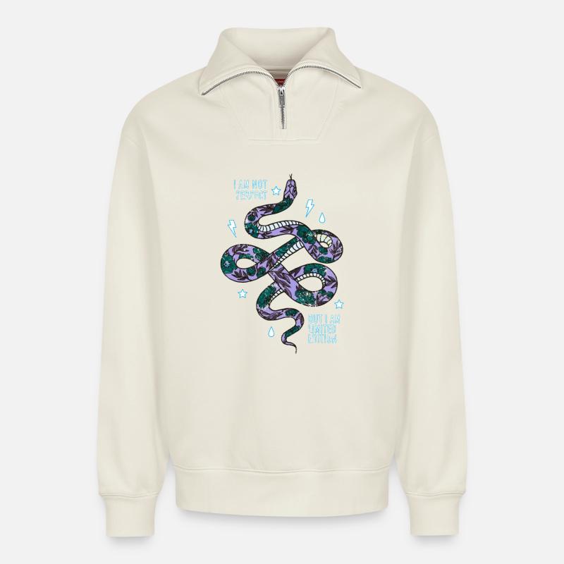 serpent - Sweat unisexe décontracté en coton biologique à demi-zip – de SPREAD - blanc cassé