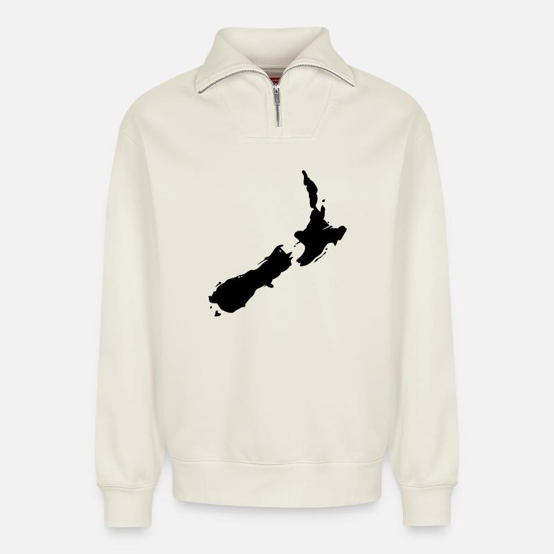 Neuseeland Karte - Relaxed Unisex Organic Half Zip Sweatshirt – von SPREAD - Naturweiß