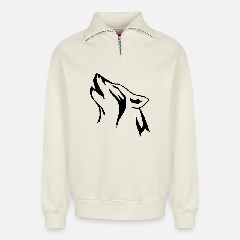 wolfkopf - Relaxed Unisex Organic Half Zip Sweatshirt – von SPREAD - Naturweiß