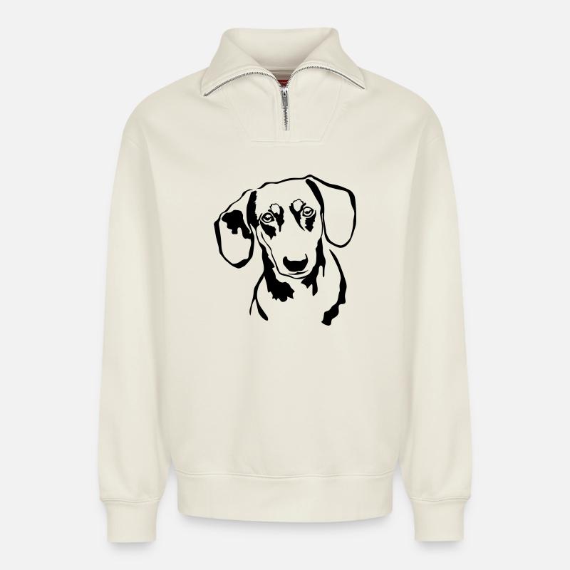 Dachshund head - Relaxed Unisex Organic Half Zip Sweatshirt – by SPREAD - off white