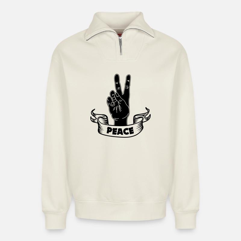 Schwarzer Handfrieden mit Text FRIEDEN - Relaxed Unisex Organic Half Zip Sweatshirt – von SPREAD - Naturweiß