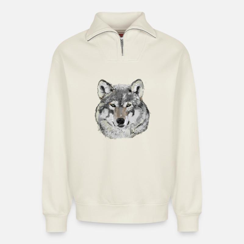 Wolf - Relaxed Unisex Organic Half Zip Sweatshirt – von SPREAD - Naturweiß