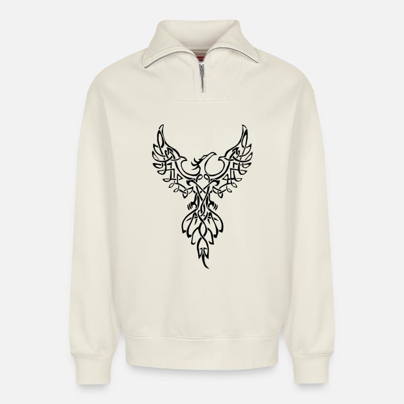Schwarzes Phönix-Symbol - Relaxed Unisex Organic Half Zip Sweatshirt – von SPREAD - Naturweiß