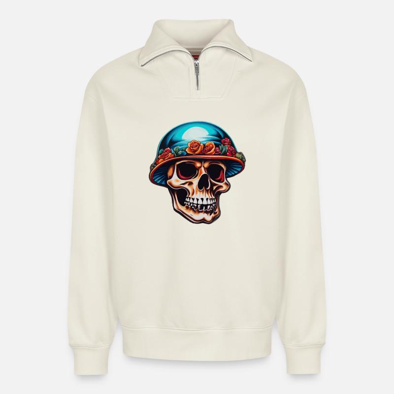 Totenkopf mit Pilzhut - Relaxed Unisex Organic Half Zip Sweatshirt – von SPREAD - Naturweiß