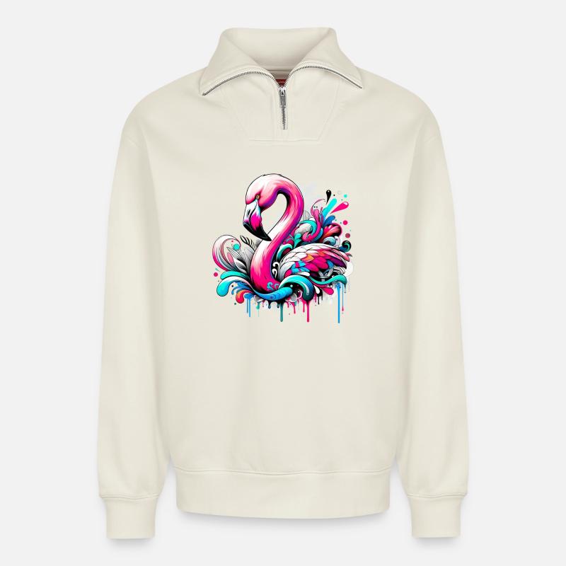 Flamingo - Relaxed Unisex Organic Half Zip Sweatshirt – von SPREAD - Naturweiß