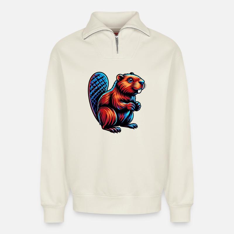 Beaver - Relaxed Unisex Organic Half Zip Sweatshirt – by SPREAD - off white