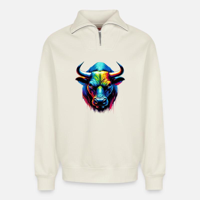 Taureau - Sweat unisexe décontracté en coton biologique à demi-zip – de SPREAD - blanc cassé