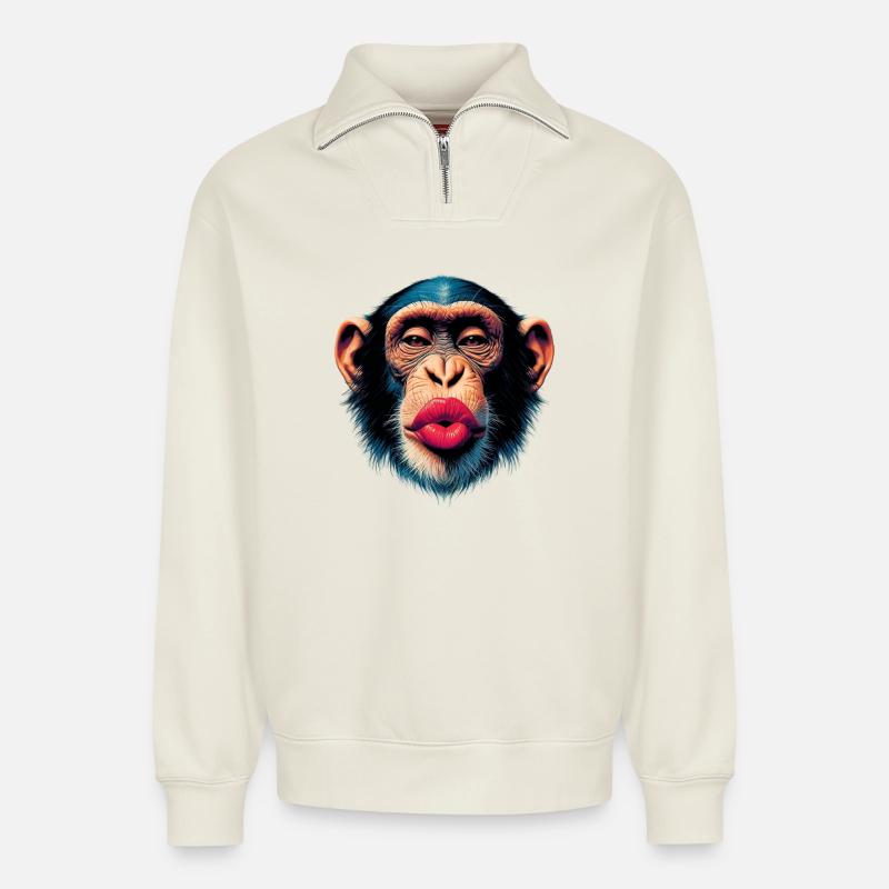 Affen-Kuss - Relaxed Unisex Organic Half Zip Sweatshirt – von SPREAD - Naturweiß