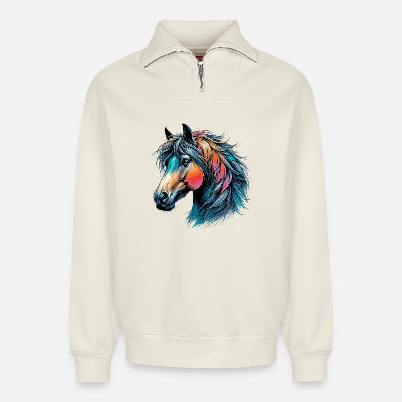 Pferd - Relaxed Unisex Organic Half Zip Sweatshirt – von SPREAD - Naturweiß