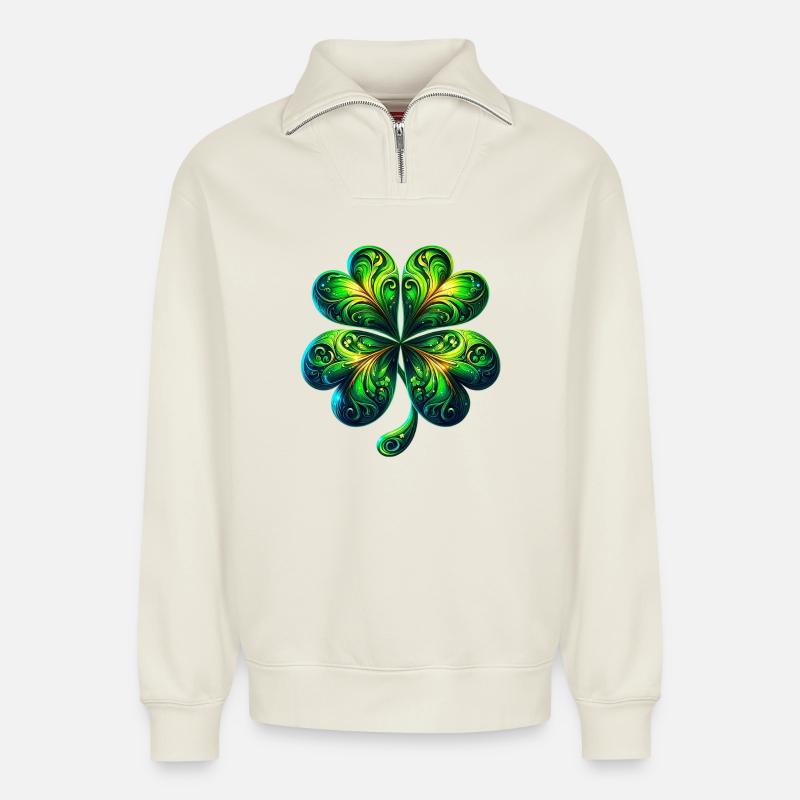 Four-leaf clover - Relaxed Unisex Organic Half Zip Sweatshirt – by SPREAD - off white