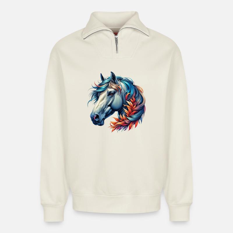 Pferd - Relaxed Unisex Organic Half Zip Sweatshirt – von SPREAD - Naturweiß