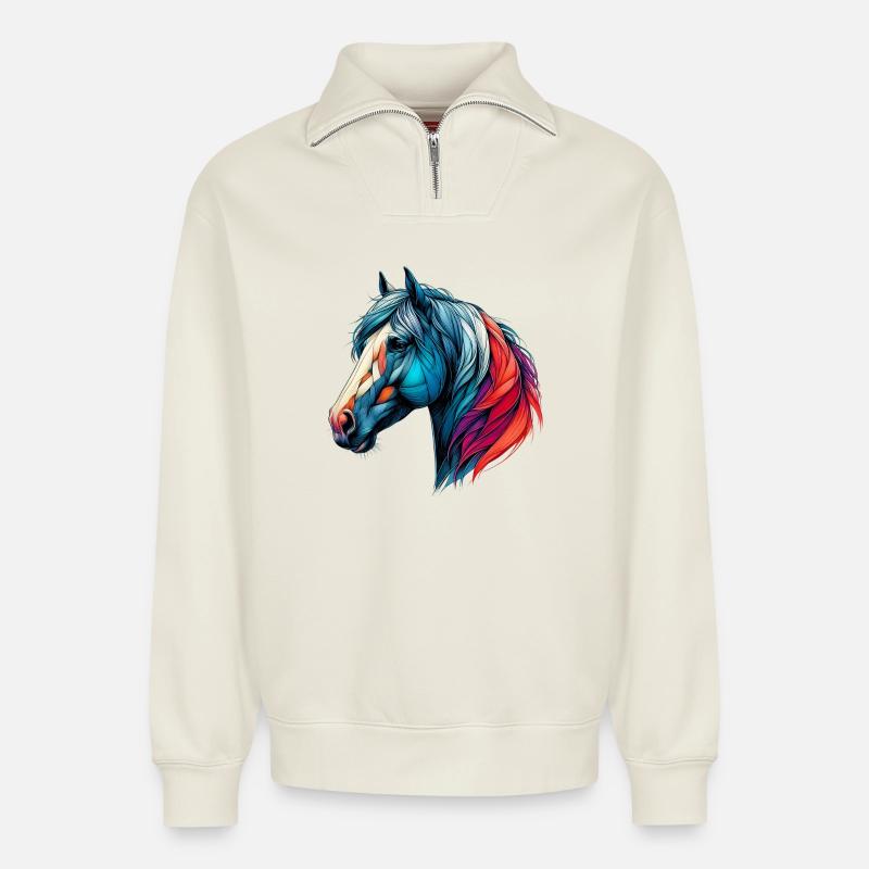 Pferd - Relaxed Unisex Organic Half Zip Sweatshirt – von SPREAD - Naturweiß