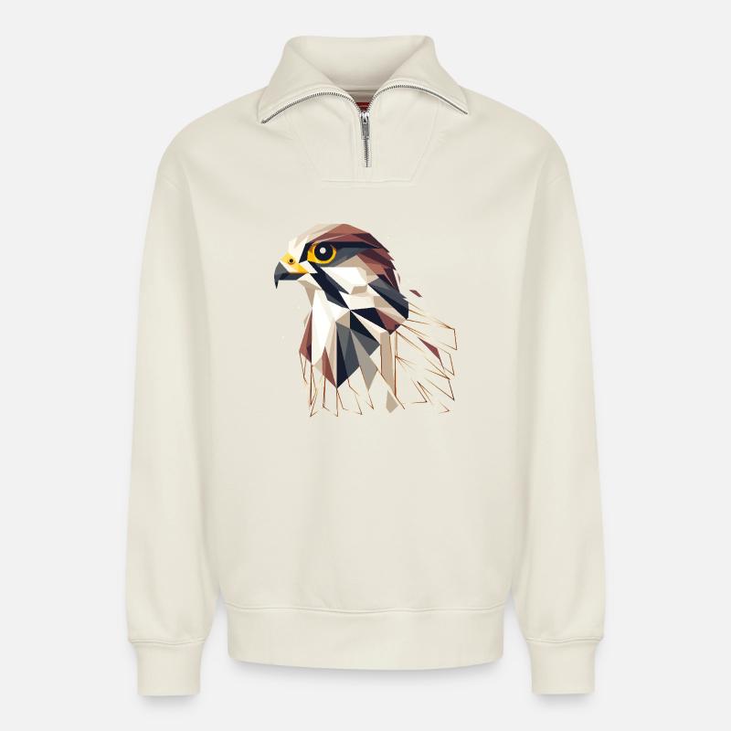 Faucon géométrique – élégance et précision - Sweat unisexe décontracté en coton biologique à demi-zip – de SPREAD - blanc cassé