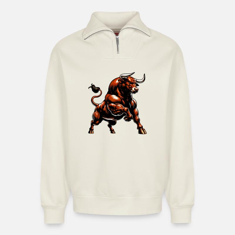 Taureau - Sweat unisexe décontracté en coton biologique à demi-zip – de SPREAD - blanc cassé