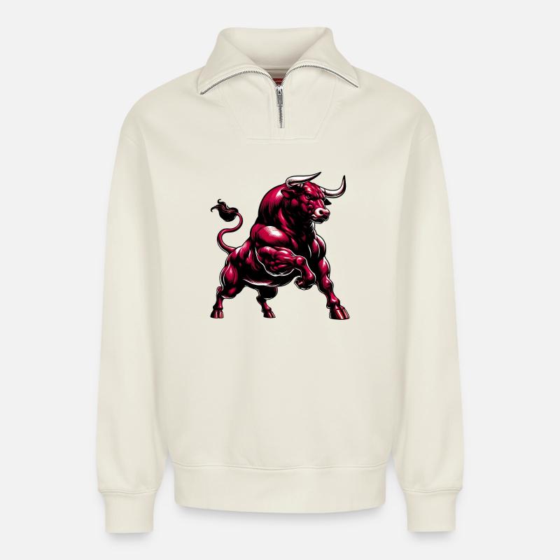 Bull - Relaxed Unisex Organic Half Zip Sweatshirt – by SPREAD - off white