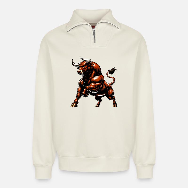 Taureau - Sweat unisexe décontracté en coton biologique à demi-zip – de SPREAD - blanc cassé