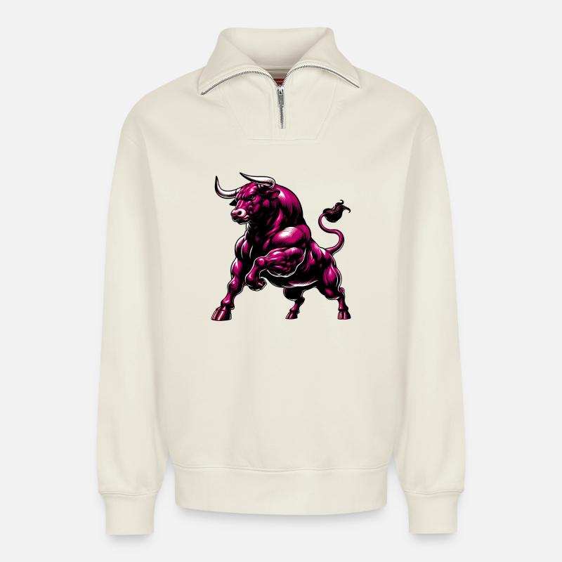 Taureau - Sweat unisexe décontracté en coton biologique à demi-zip – de SPREAD - blanc cassé