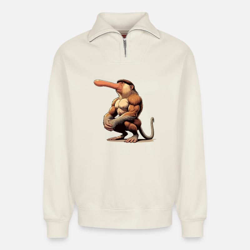 Proboscis monkey tough - Relaxed Unisex Organic Half Zip Sweatshirt – by SPREAD - off white