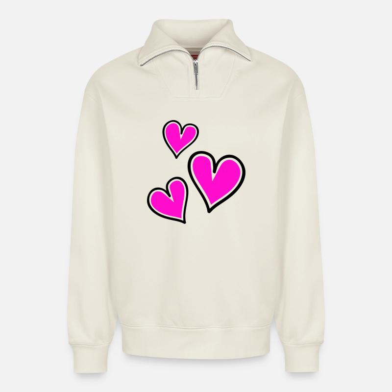 Bright Pink Heart Pattern - Relaxed Unisex Organic Half Zip Sweatshirt – by SPREAD - off white