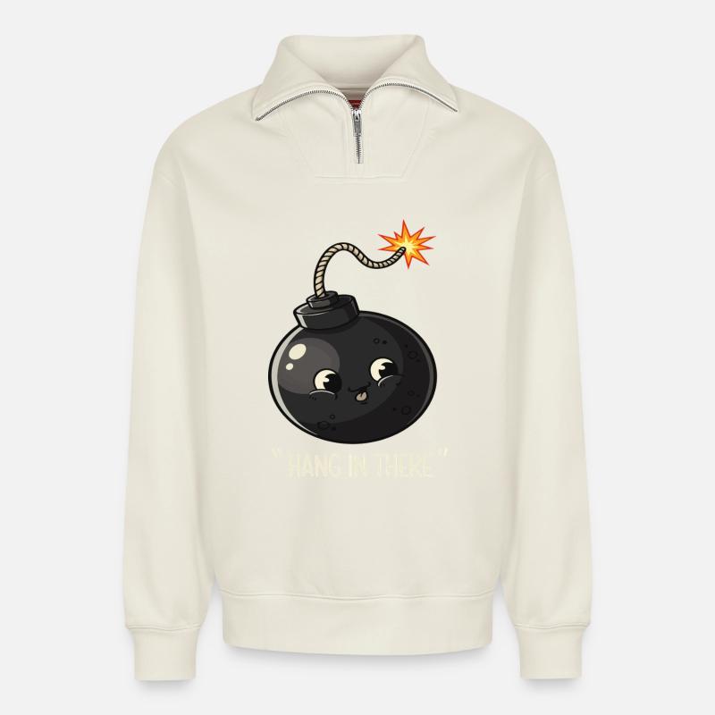 Kawaii Exploding Bomb Comic Design - Relaxed Unisex Organic Half Zip Sweatshirt – by SPREAD - off white