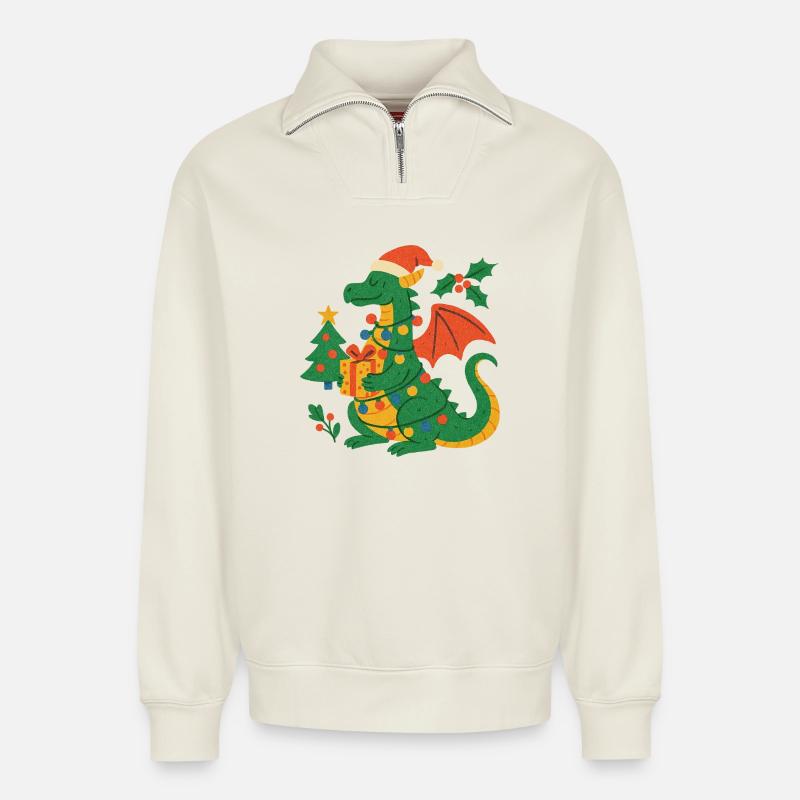 Festlicher Drache mit Geschenken - Relaxed Unisex Organic Half Zip Sweatshirt – von SPREAD - Naturweiß