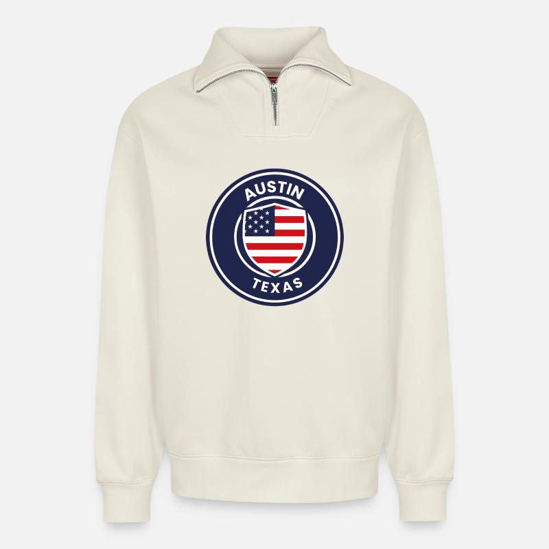 Austin Texas Shield - Relaxed Unisex Organic Half Zip Sweatshirt – von SPREAD - Naturweiß