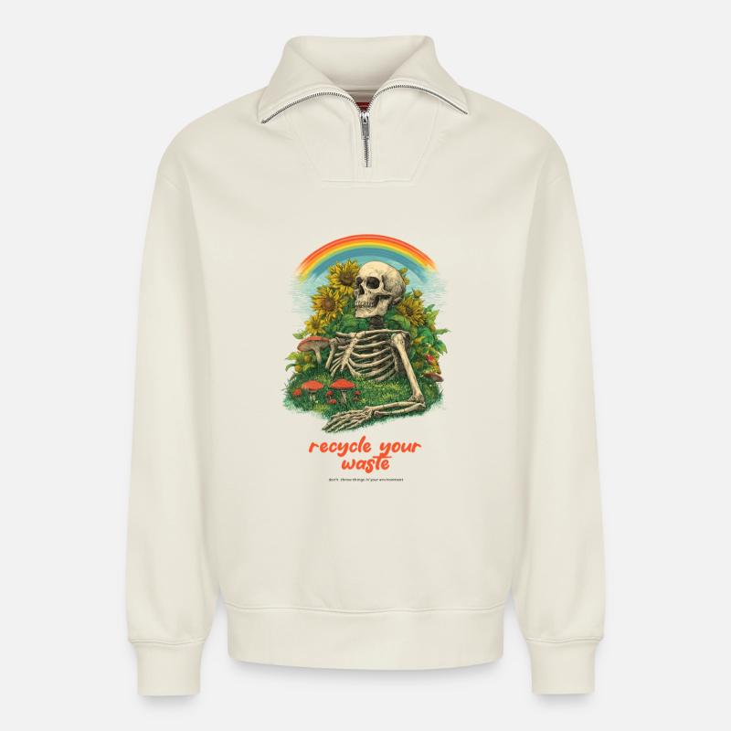 Recycel Deinen Müll Gartenskelett - Relaxed Unisex Organic Half Zip Sweatshirt – von SPREAD - Naturweiß