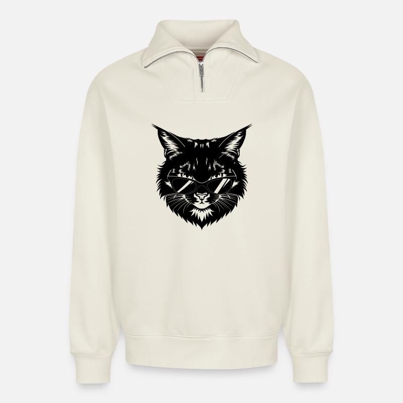 Schwarze Katze mit Sonnenbrille - Relaxed Unisex Organic Half Zip Sweatshirt – von SPREAD - Naturweiß