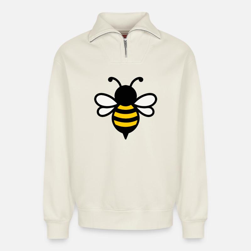 Yellow-striped bee logo - Relaxed Unisex Organic Half Zip Sweatshirt – by SPREAD - off white