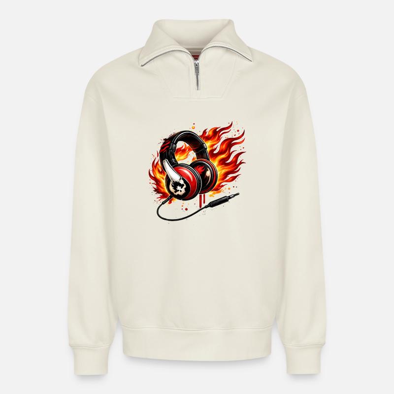 Flame Headphone Skull Design - Relaxed Unisex Organic Half Zip Sweatshirt – by SPREAD - off white