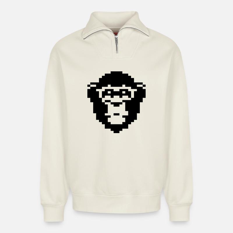 Pixeliges Affengesichtsdesign - Relaxed Unisex Organic Half Zip Sweatshirt – von SPREAD - Naturweiß
