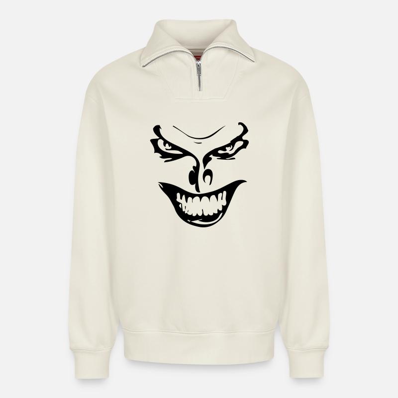 Evil Face - Relaxed Unisex Organic Half Zip Sweatshirt – by SPREAD - off white