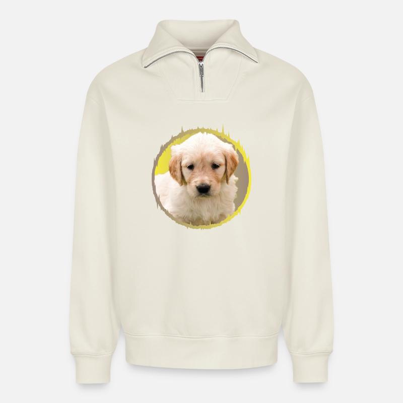 chiot - Sweat unisexe décontracté en coton biologique à demi-zip – de SPREAD - blanc cassé