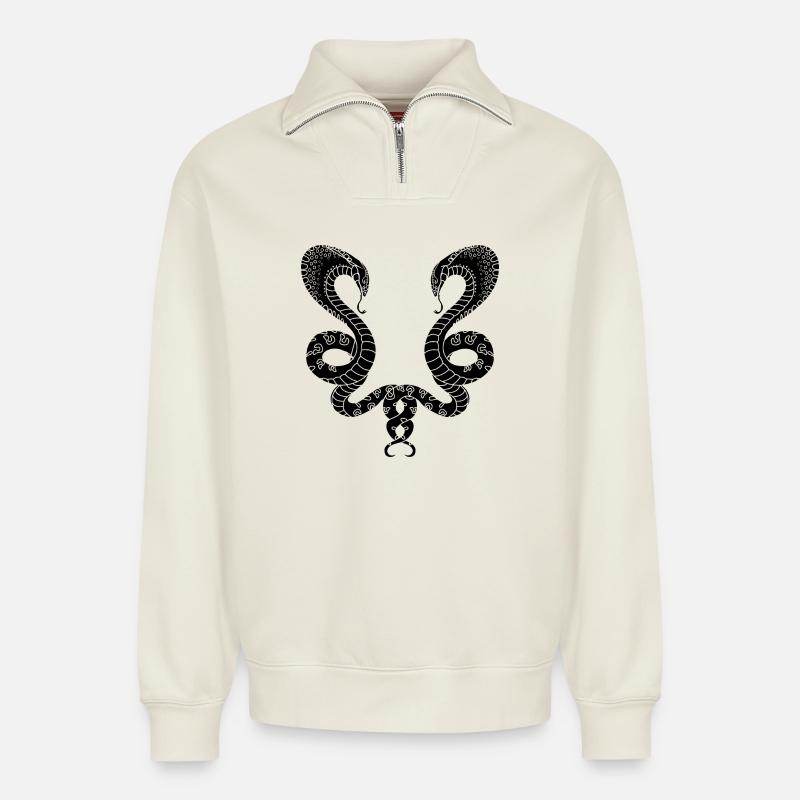 Two black snakes - Relaxed Unisex Organic Half Zip Sweatshirt – by SPREAD - off white