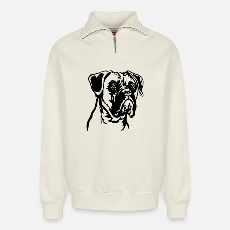 Boxer Kopf - Relaxed Unisex Organic Half Zip Sweatshirt – von SPREAD - Naturweiß