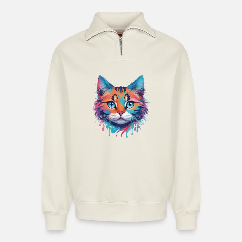 Chat mignon - Sweat unisexe décontracté en coton biologique à demi-zip – de SPREAD - blanc cassé