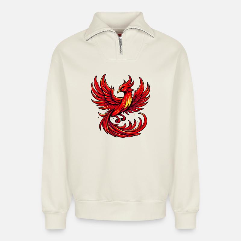 Roter Phönix - Relaxed Unisex Organic Half Zip Sweatshirt – von SPREAD - Naturweiß